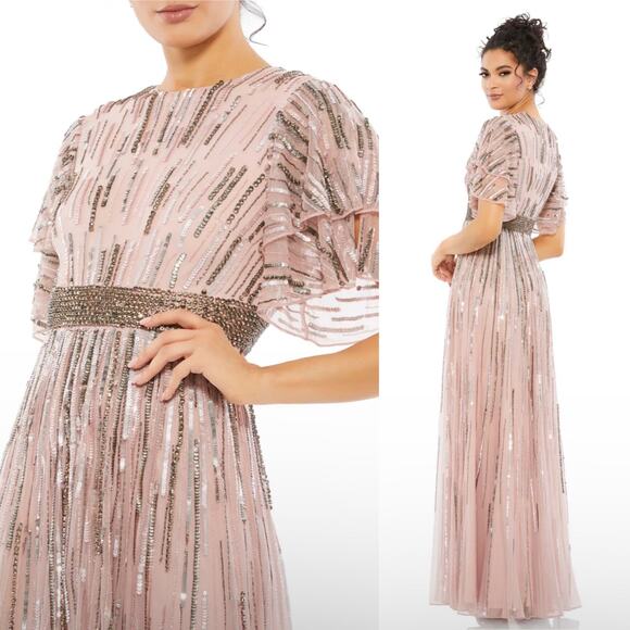 Mac Duggal Embellished Full Length Layered Sleeve Rose Gown Size 10 NEW 93582 - Picture 1 of 12